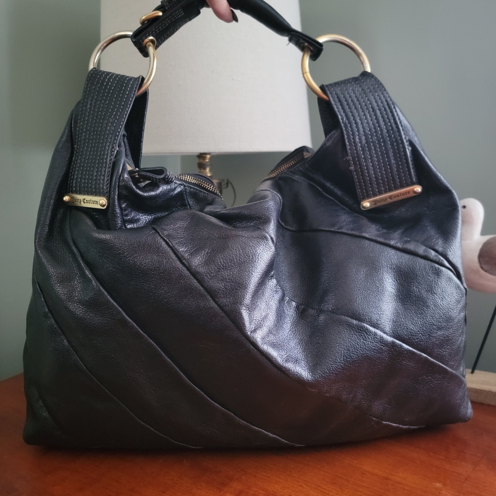 Juicy Couture Oversized Slouchy Black Leather Hobo Shoulder Bag Y2K